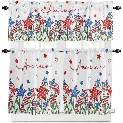4th of July Kitchen Curtains Set with Valances Blue Red 1