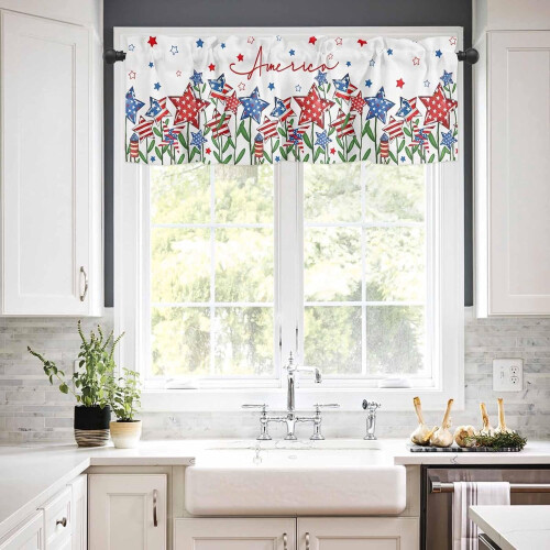 4th of July Kitchen Curtains Set with Valances Blue Red 2