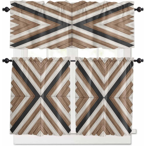 Boho Kitchen Curtains Set Brown Black Geometric Wooden Tier 1
