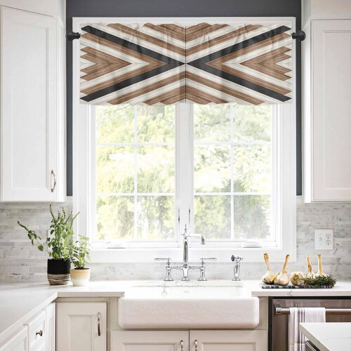 Boho Kitchen Curtains Set Brown Black Geometric Wooden Tier 2