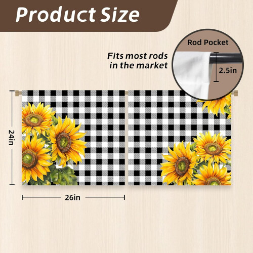 Sunflower Black and White Checkered Kitchen Curtains 26x24 1