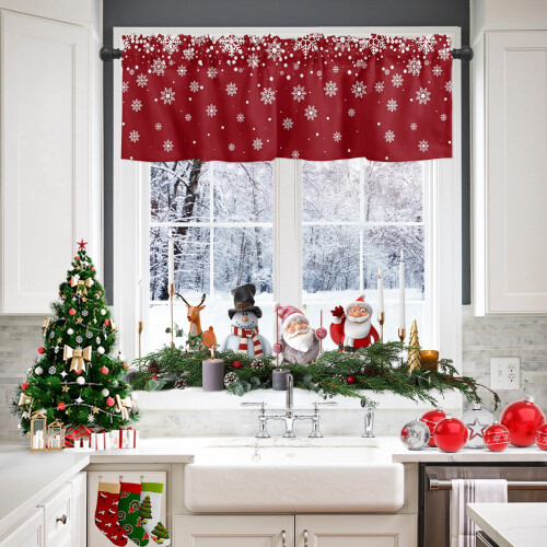 Snowflake Red Curtain Valance 42x12in Winter Window 1
