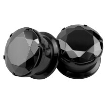 Black Crystal Ear Plug Tunnels Stainless Steel 1 Pair