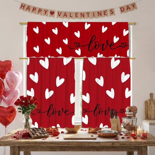 Valentine's Day Kitchen Curtains Set Farmhouse Red Love 2
