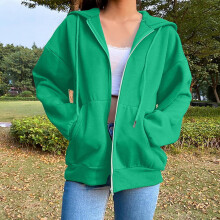 Women's Solid Color Zip-Up Hoodie Loose Fit Long Sleeve