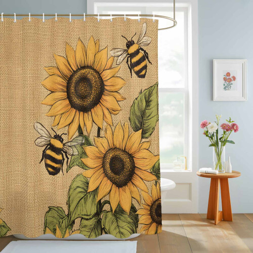 Κουρτίνα μπάνιου Sunflower Bee από λινό, αδιάβροχη 80x100 εκ. 1