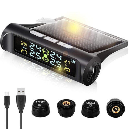 Solar-Powered TPMS with 4 External Sensors and 5 Alarm Modes