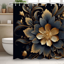 Duschvorhang Schwarz Gold Blumenmuster Wasserdicht 12 Haken