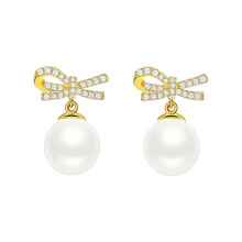 Bow Knot Dangle Stud Earrings Gold Imitation Pearl