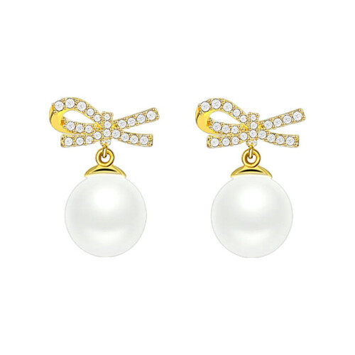 Bow Knot Dangle Stud Earrings Gold Imitation Pearl