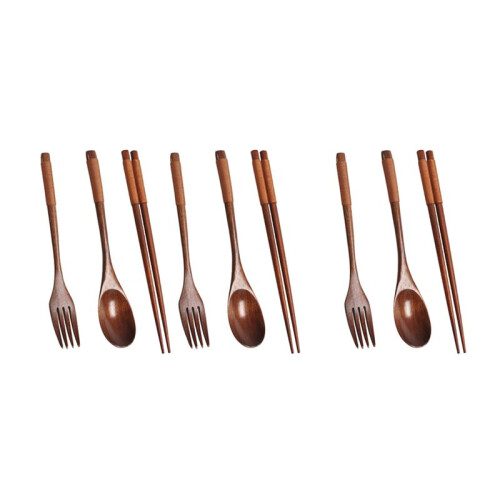 3X Wooden Flatware Set, Wooden Portable Set Spoon Fork Chopsticks Tableware Dinnerware with Khaki Twining Thread