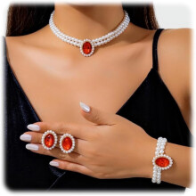 Women's Pearl Earrings Necklace Bracelet Set 3-piece