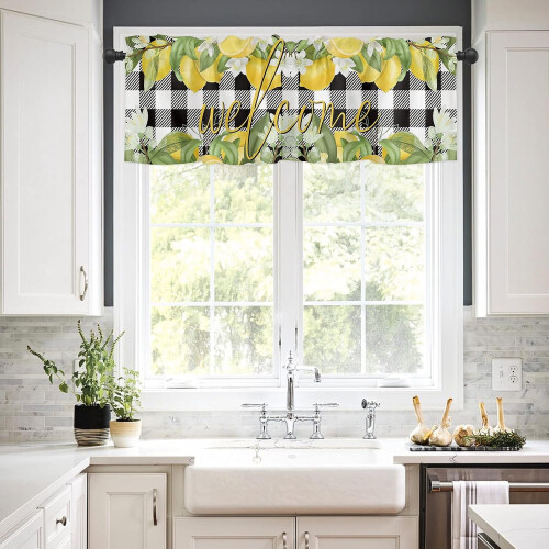 Lemon Buffalo Plaid Kitchen Curtains Set Black White 3 Piece 2