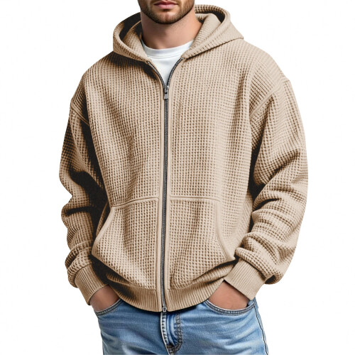 Moletom masculino com capuz, zíper frontal e textura waffle, com bolso canguru. 1