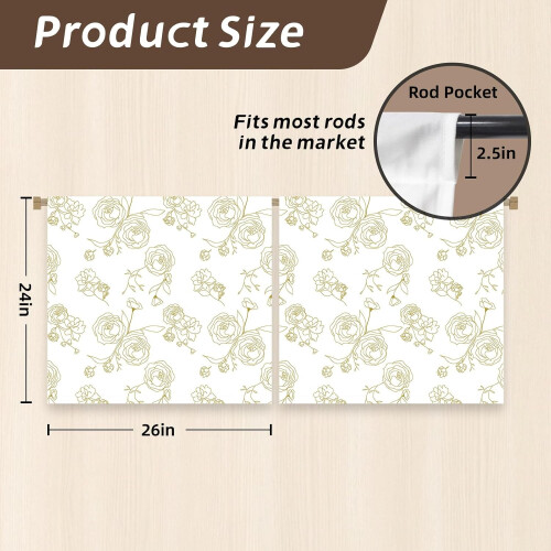 White and Gold Rose Kitchen Curtains 27.5x24 inch 1