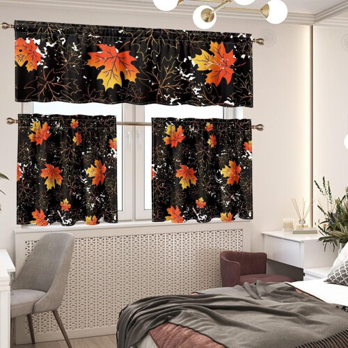 Maple Leaves Red Small Kitchen Curtains Rod Pocket 3-Piece 1