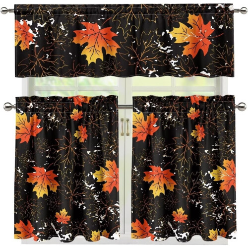 Maple Leaves Red Small Kitchen Curtains Rod Pocket 3-Piece 2