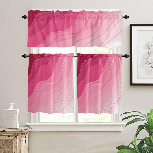 Kitchen Curtains Set Rosy Pink Ombre Geometric 3-Pc 1