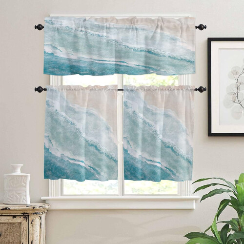 Beach Kitchen Curtains Set Aqua Beige 24 inch 1
