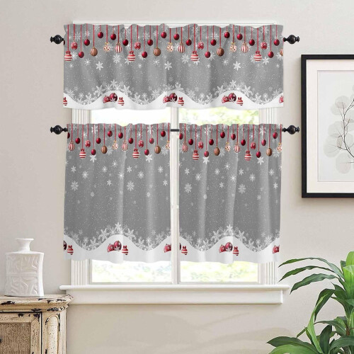Christmas Kitchen Curtains Set Grey Farmhouse Snowflake Red 2