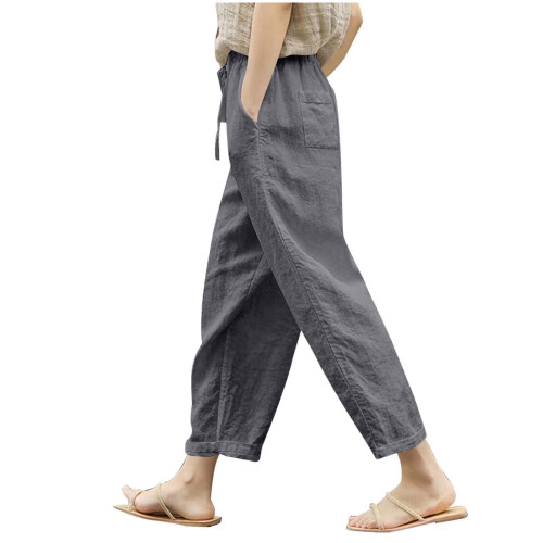 Women's Cotton Linen Pants Solid Color Lightweight Elastic 1