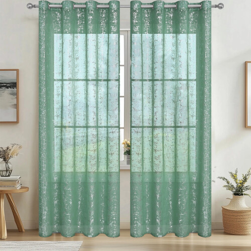 Teal Sheer Curtains with Silver Foil Pattern Light 1