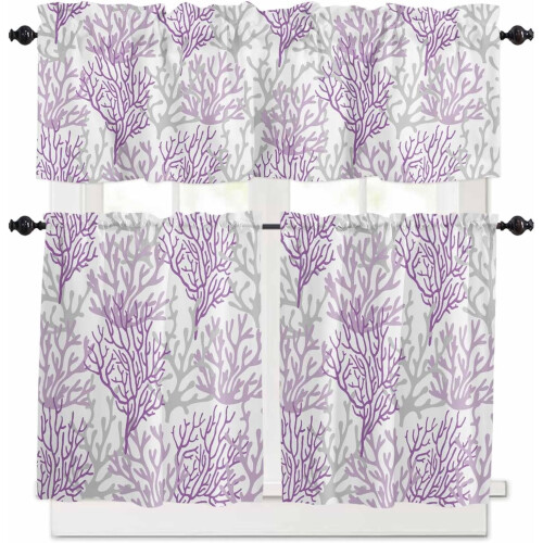 Purple Gray Coastal Kitchen Curtains Set with Valances 36 1