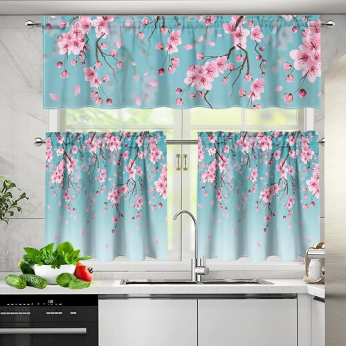 Plum Blossoms Kitchen Curtains Set 24 inch 3-Piece Rod 2