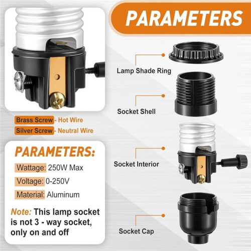 E26 Light Socket Lamp Socket Replacement with  Off  Lamp Parts with Shade Ring for Table Floor Light Repair Kit 1