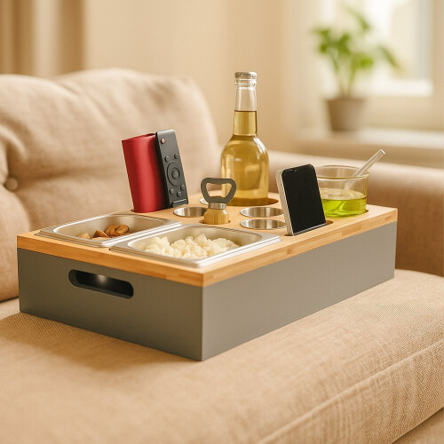 Sofa-Snacktablett mit Getränkehaltern und Telefonständer 2