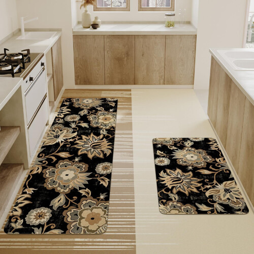 Boho Kitchen Mat Set Black Paisley Floral 2 pcs 17x47 in + 2
