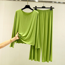 Women's Green Cotton Pajama Set Long Sleeve Two-Piece Large