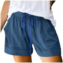 Women's Light Blue Casual Shorts Elastic Waist Pockets