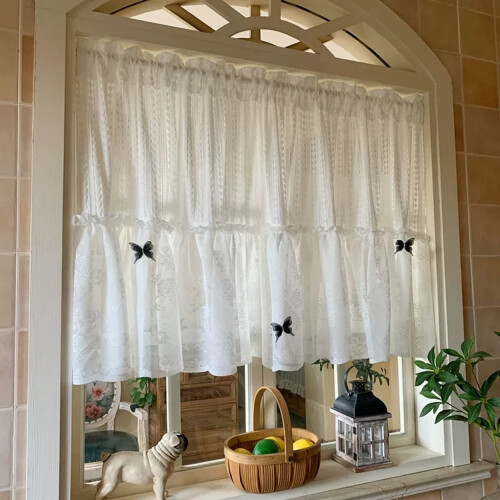 Lace Sheer Kitchen Valance Curtain 24 Inch Leaf Embroidered