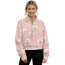 Women's cropped hoodie half zip kangaroo pocket flower pink