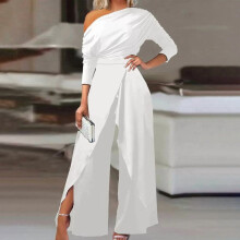 Combinaison asymétrique à une épaule pour femme, manches longues, fente, jambes larges