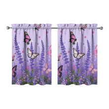 Purple Lavender Flower Butterflies Kitchen Curtains 28x36