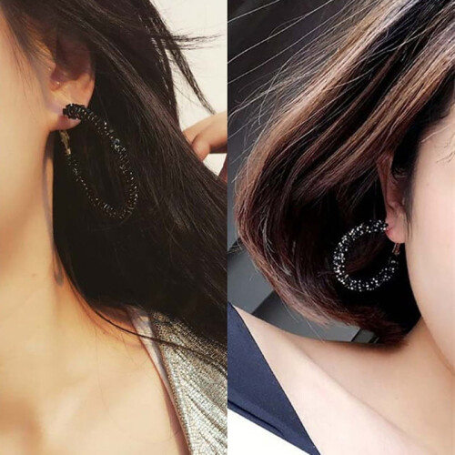 Lady Elegant Round Hoop Earrings Black White 2
