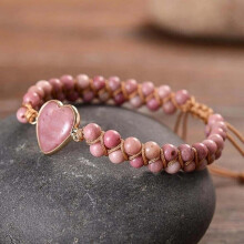 Rhodochrosite Heart Charm Bracelet Handmade Braided