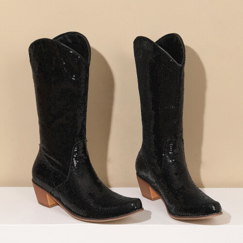 Women's Western Cowboy Boots Black Tall Sequin Heel Pointed 2