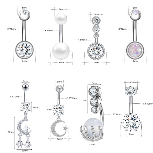 Heart CZ belly button ring opal dangle 8 pcs 1