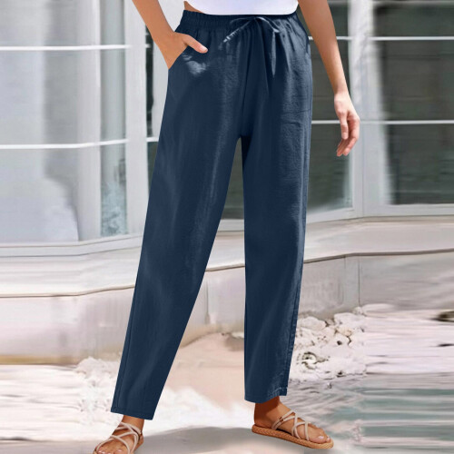 Women's Cotton Linen Pants Solid Color Wide Leg with 1