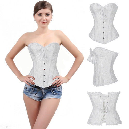 Women's Satin Lace Bustier Corset Set with G-string S-6XL 2