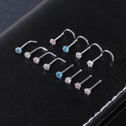 CZ Nose Studs Stainless Steel Corkscrew 8 pcs 2
