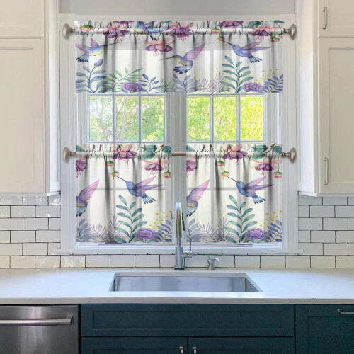 Purple Flower Bird Kitchen Curtains Set 3-Piece 2