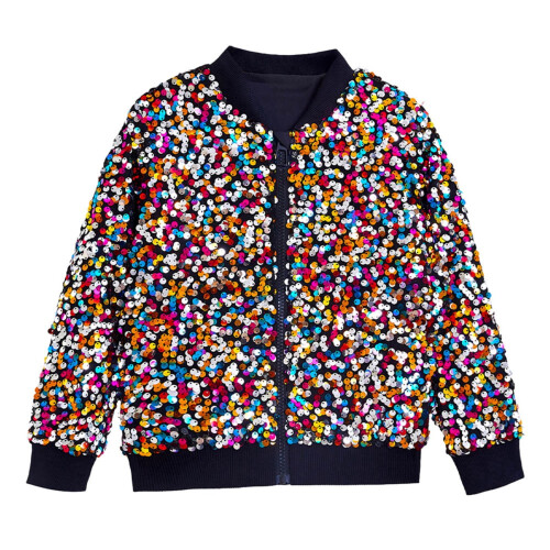 Girls Solid Color Sequin Zip-Up Jacket Black