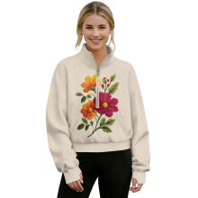 Women's cropped hoodie flower print beige half-zip kangaroo