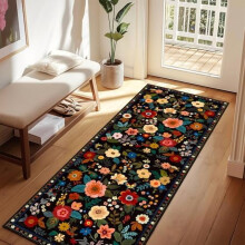 Floral Area Rug 2x8 Feet Non-Slip Low-Pile Boho Black