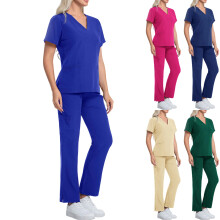 Nurse Scrubs Set Dark Green Solid Short Sleeve Top and