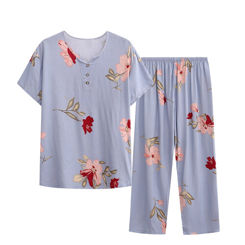Women's Summer Printed 2-Piece Pajama Set Round Neck Top
